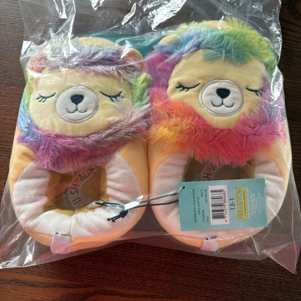 Squishmallows Leonard Lion Slippers Girls 13-1 Yellow Rainbow Plush Kellytoy NEW